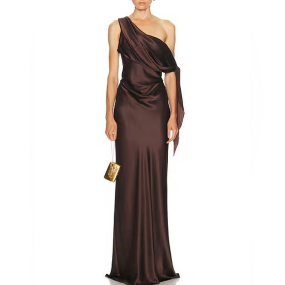 The Sei Dresses & Skirts - One-Shoulder 100% Silk Satin Evening Gown in Chocolate Brown